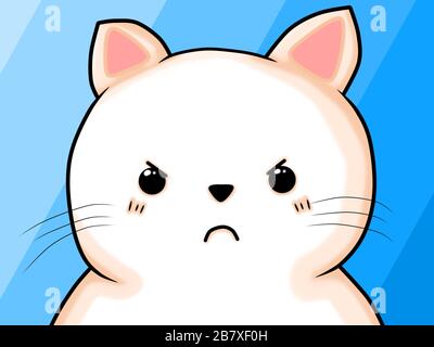 Illustration of a cute white kitten angry, on a light blue gradient background Stock Photo