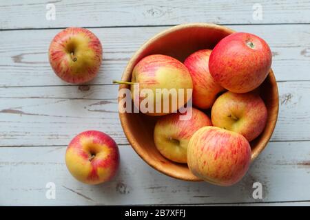 top view of red apple in a bowl on table  Stock Photo