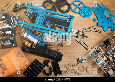 Assembling robot theme. Stem science learning. Programing study Stock Photo