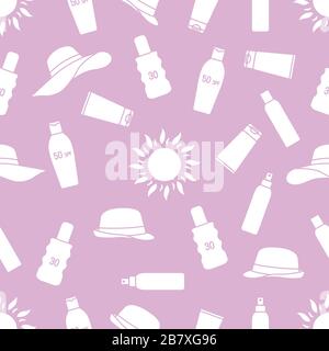 Vector seamless pattern Travel illustration Sun, sun hats, sunscreen cream, lotion, milk Skin protection from solar ultraviolet radiation Summer time, Stock Vector