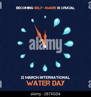 International water day illustration of liquid drop clock concept for 22 march environment event. Waste reduction awareness campaign design with motiv Stock Vector
