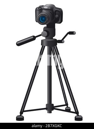 illustration of the camera on the tripod on the white background Stock Vector