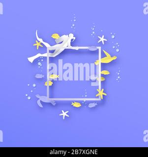 Underwater coral reef paper cut illustration with exotic tropical fish, turtle and scuba diver man. White copy space frame template, under water anima Stock Vector