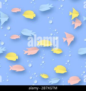 Papercut fish seamless pattern with colorful coral reef school in modern 3d paper cutout style. Tropical marine animal background for exotic wildlife Stock Vector