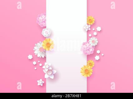 Papercut flower template with empty vertical white frame. Spring season pink background, beautiful paper cut flowers in modern 3d cutout origami style Stock Vector