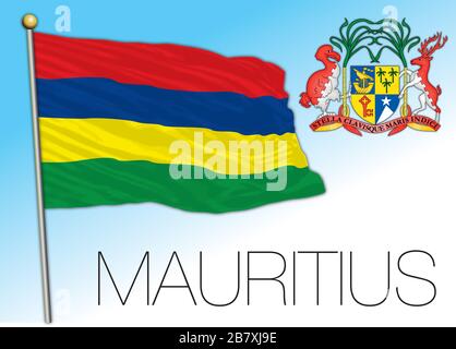 Mauritius official national flag and coat of arms, vector illustration Stock Vector