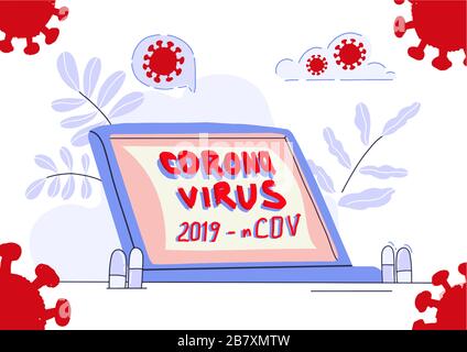 Corona Virus 2019 - nCOV vector text on a computer screen. Banner, poster medical news. Flat vector illustration. Stock Vector