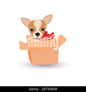 Cute Chihuahua dog with a red bow in a box Stock Vector