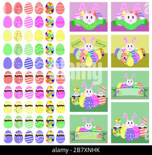 Easter vector set consisting of different colored Easter eggs and some examples of greeting cards or for sales campaigns with special offers. Stock Vector
