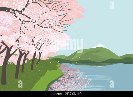 Cherry blossoms at the river flat vector landscape Stock Vector