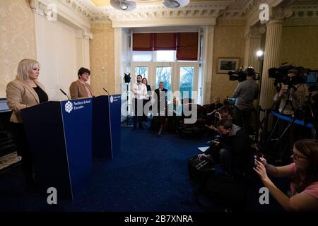 First Minster Arlene Foster (second from left) and Deputy First Minister Michelle O'Neill (left) hold a joint press conference at Stormont Castle in Belfast to give an update on plans to tackle Coronavirus and announce school closures on Friday. Stock Photo