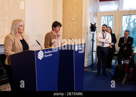 First Minster Arlene Foster (second from left) and Deputy First Minister Michelle O'Neill (left) hold a joint press conference at Stormont Castle in Belfast to give an update on plans to tackle Coronavirus and announce school closures on Friday. Stock Photo