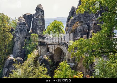 The Bastei bridge in Lohmen in the Elbe Sandstone Mountains, Saxon Switzerland Stock Photo