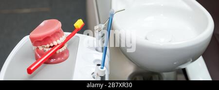 Different dental instruments and tools in a dentists office, dentist tools Stock Photo