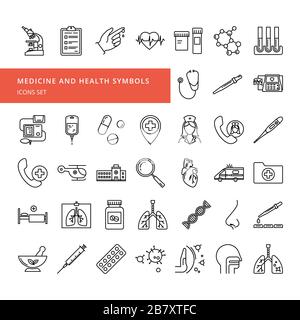 A set of vector icons in a linear style on the theme of health and medicine. Stock Vector