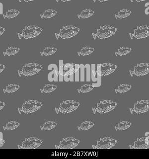 Clown trigger fish seamless pattern. Hand drawing sketch. White outline on grey background. Vector illustration can be used in greeting cards, posters, flyers, banners, logo, further design etc. EPS10 Stock Vector