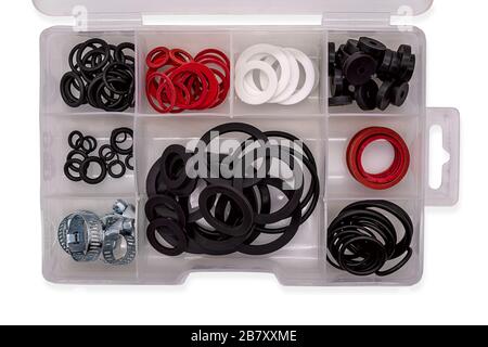 clear box with different colored sealing rings sorted by size Stock Photo
