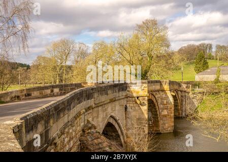 An ancient arched bridge across the River Derwent.  Trees are nearby and there are fields in the background. A cloudy sky is above. Stock Photo