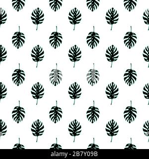 Monstera plant leaf seamless pattern. Mint and black line art doodle sketch on white background. Vector illustration for greeting cards, posters, flyers, banners, wallpaper, wrapping paper, botanical design etc. EPS10 Stock Vector