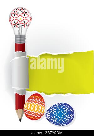 Pencil with light bulb and Easter eggs on torn paper background. Illustration of easterly decorated light bulbs and eggs.  Vector available. Stock Vector