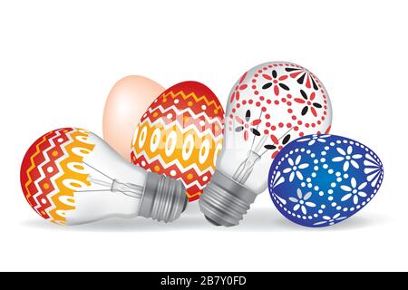 Easter Eggs and Easter Bulbs. illustration of easterly decorated light bulbs and eggs.Isolated on white background. Vector available. Stock Vector