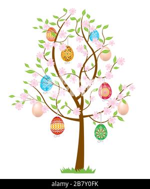 Easter tree with eggs and flowers. Illustration with stylized blooming tree with hanging easter eggs.Isolated on white background. Vector available. Stock Vector
