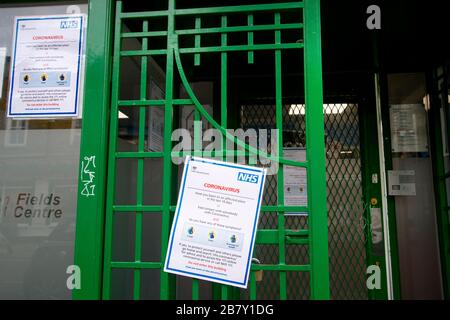 London, England, UK. Changes because of Coronavirus pandemic,Hackney. London Fields health centre. Warning and information signs. Stock Photo