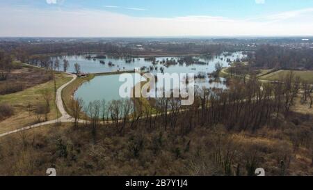 Lake Orešje and surrounding rural landscape photographed with drone from above Stock Photo