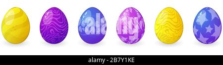 Set of vector colored Easter eggs with different textures isolated on a white background for decoration of Easter cards and greetings. Collection of Stock Vector