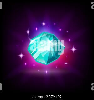 Shining blue diamond, gemstone, slot icon for online casino or logo for mobile game on dark background, vector illustration. Stock Vector
