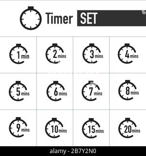 Clock , timer icon set form 1 minute to 20 minutes. Stock Vector illustration isolated on white background. Stock Vector