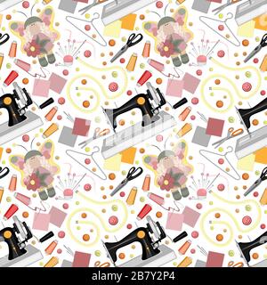Needlework and sewing kit - sewing machine, shreds, needles, buttons and other accessories. Seamless pattern, background for website or blog, textile, packaging. Tailoring is a hobby. Vector illustration Stock Vector