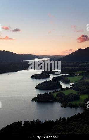 Sunset over Derwent Water from Falcon Crag in the Lake District Stock Photo