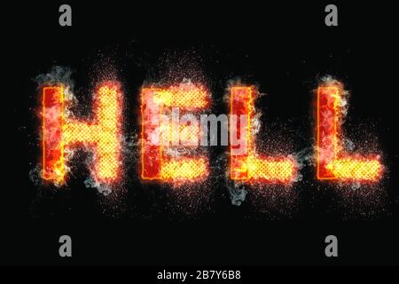 Hell letters on fire word text flames smoke burning. Written in English with yellow, orange and red burning effect with black background Stock Photo