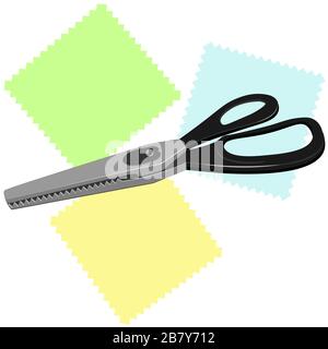 Large tailor's scissors for sewing with zigzag blades and black handles lie on three colorful shreds. Vector illustration - isolate on a white background. Stock Vector