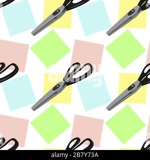 Large tailor's scissors for sewing with zigzag blades and black handles lie on three colorful shreds. Vector illustration - isolate on a white background. Seamless pattern Stock Vector