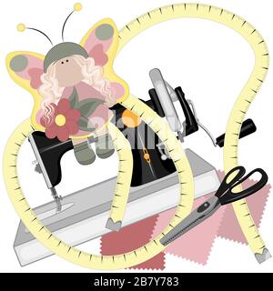 A black old sewing machine, a tailor s centimeter, and tailor s large scissors for sewing with zigzag blades and black handles lie on three multi-colored shreds. Stock Vector