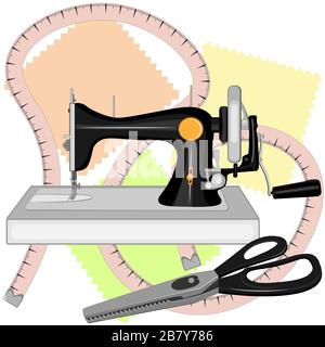 A black old sewing machine, a tailor s centimeter, and tailors large scissors for sewing with zigzag blades and black handles lie on three multi-colored shreds. Stock Vector