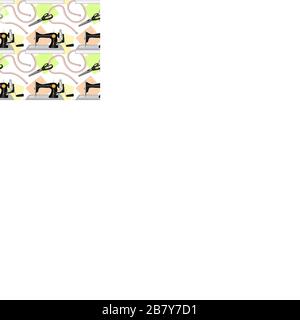 Seamless pattern. A black old sewing machine, a tailor s centimeter, and tailors large scissors for sewing with zigzag blades and black handles lie on three multi-colored shreds. Stock Vector