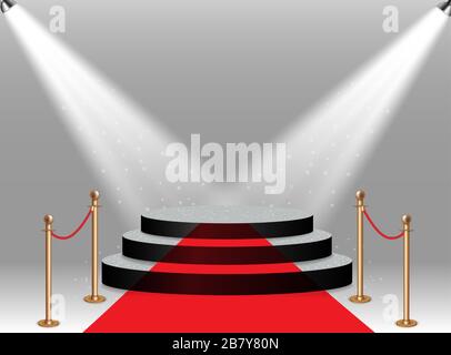 Colorful illuminated podium for awards and performances illuminated by bright spotlights on the red carpet and Realistic golden barriers for fencing Stock Vector