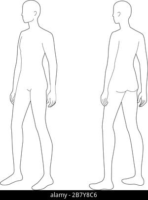Fashion template of standing men. 9 head size for technical drawing with  and without main lines. Gentlemen figure front and back view. Vector  outline boy for fashion sketching and illustration Stock Vector