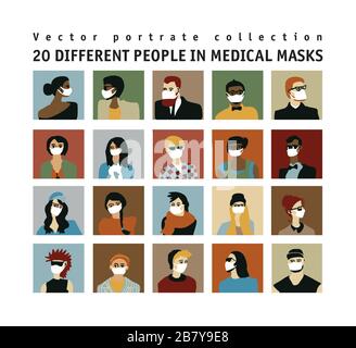 Epidemic virus people medical masks people portrate set Stock Vector