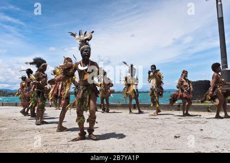 dh Port cruise ship welcome WEWAK PAPUA NEW GUINEA Traditional PNG native dancers welcoming visitors tourism people culture Stock Photo