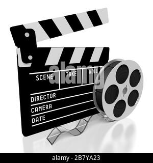 Cinema concept. Clapperboard with film reels and movie camera, 3 — Stock  Photo © alexlmx #164758650