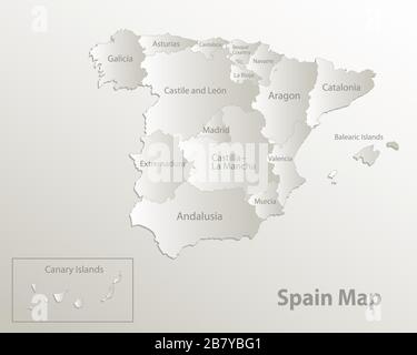 Spain map administrative division, separates regions and names, card paper 3D natural vector Stock Vector