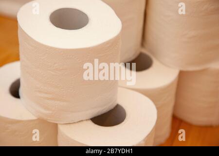 view of the pattern on a roll of toilet paper at home Stock Photo