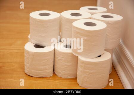 multiple rolls of toilet paper at home ready for use Stock Photo