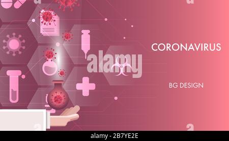 Abstract red coronavirus with scientist's hand and glowing medical icon background. Template for presentation, banner or backdrop. Stock Vector