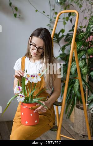 Young smiling woman gardener in glasses wearing overalls, taking care for orchid in old red milk can standing on orange vintage ladder. Home gardening Stock Photo