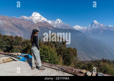 Beautiful swinging bridge across Ulleri during Poonhill Annapurna hike Pokhara Nepal Stock Photo